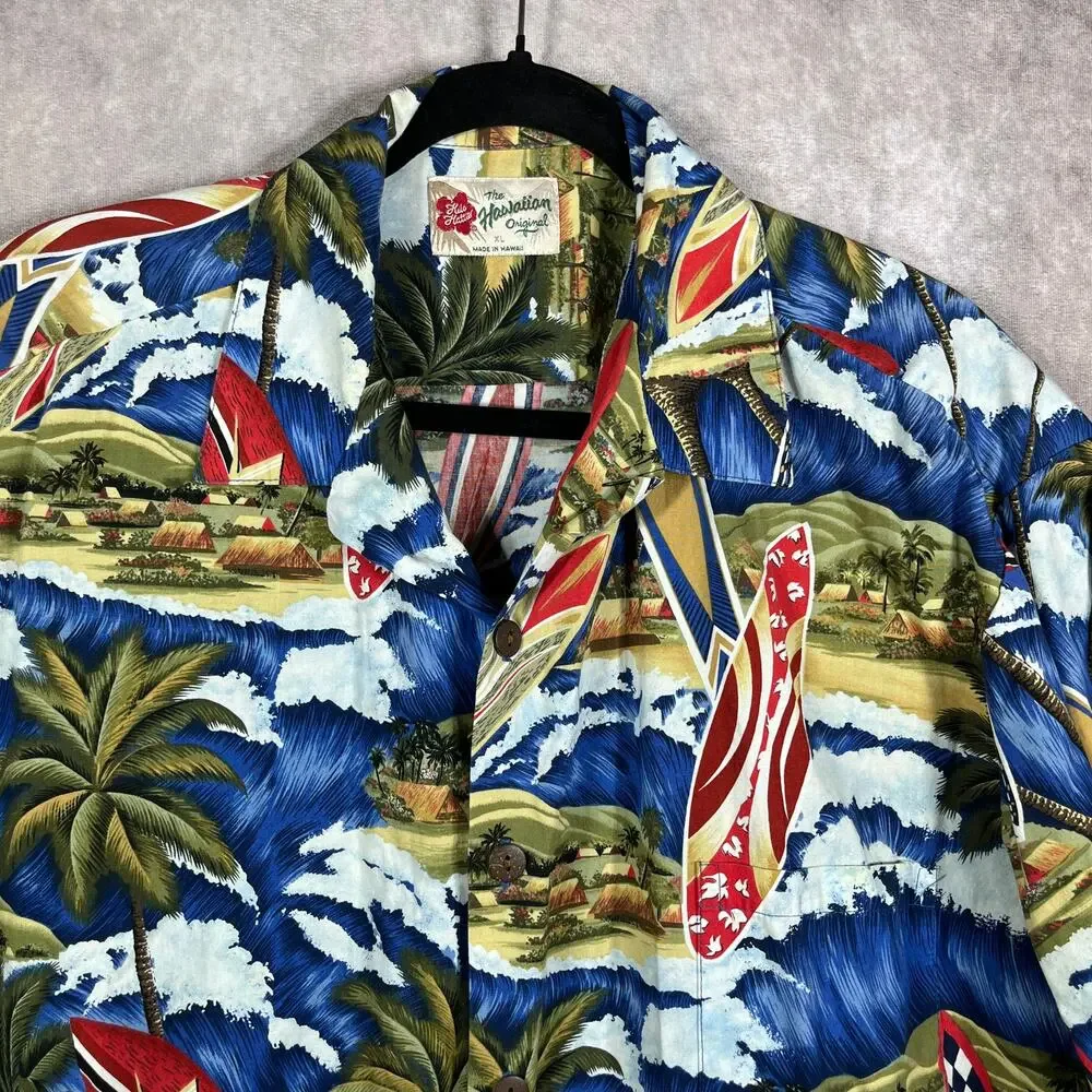 Hilo Hattie Hawaiian Camp Shirt Men XL Blue Surf Board Print Beach Summer Resort